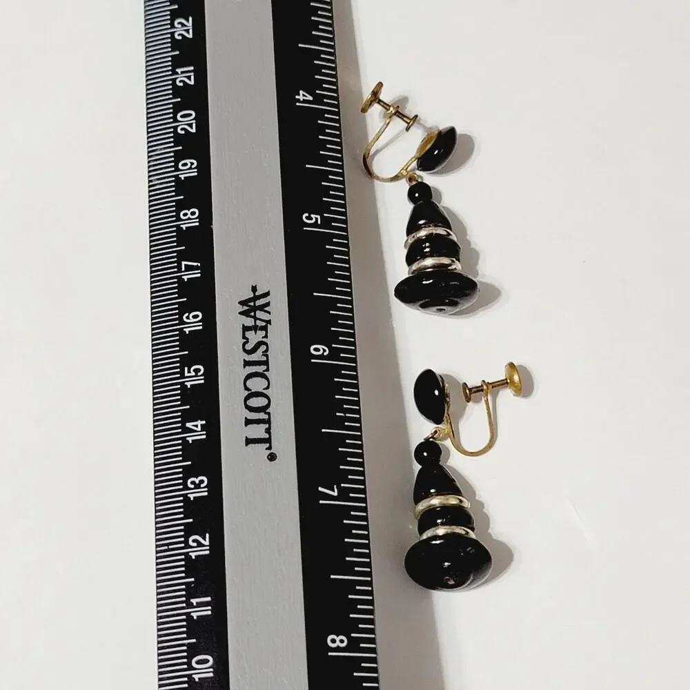 Vintage Black & Silver Mid-century Long Dangle Screw Back Earrings Lucite sb-32